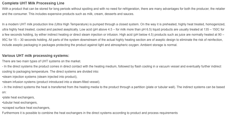 Complete UHT Milk Processing Line