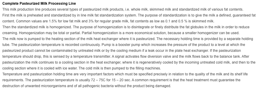 Pasteurised Milk Processing Line