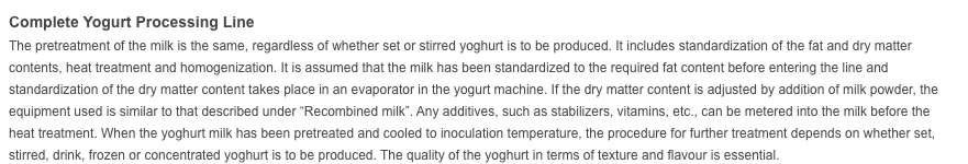 Complete Yoghourt Processing Line