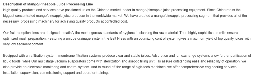 Mango Pineapple Juice Processing Line