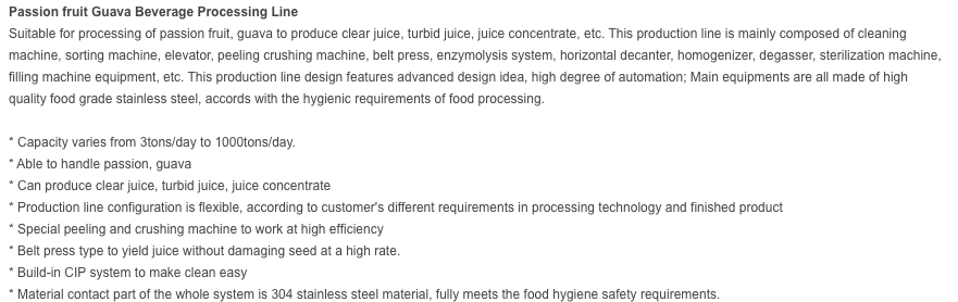 Passion fruit Guava Beverage Processing Line