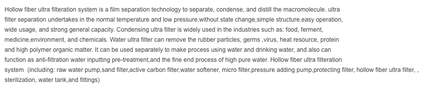 Hollow Fiber Ultra Filteration System