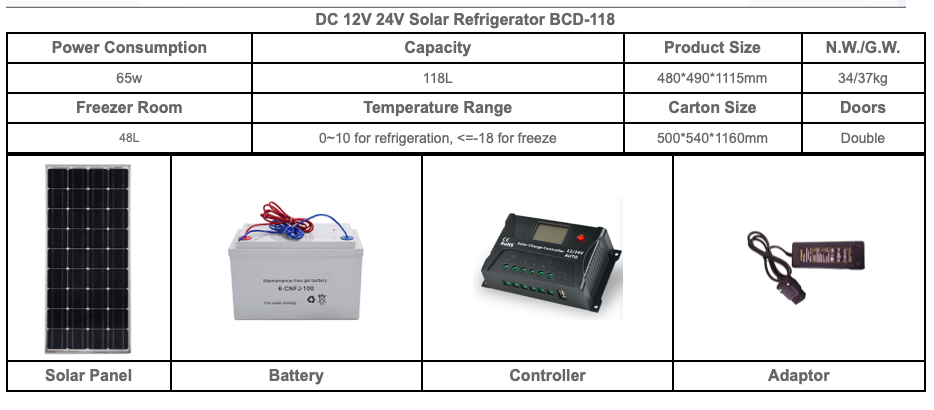 DC 12V 24V Solar Refrigerator BCD-118